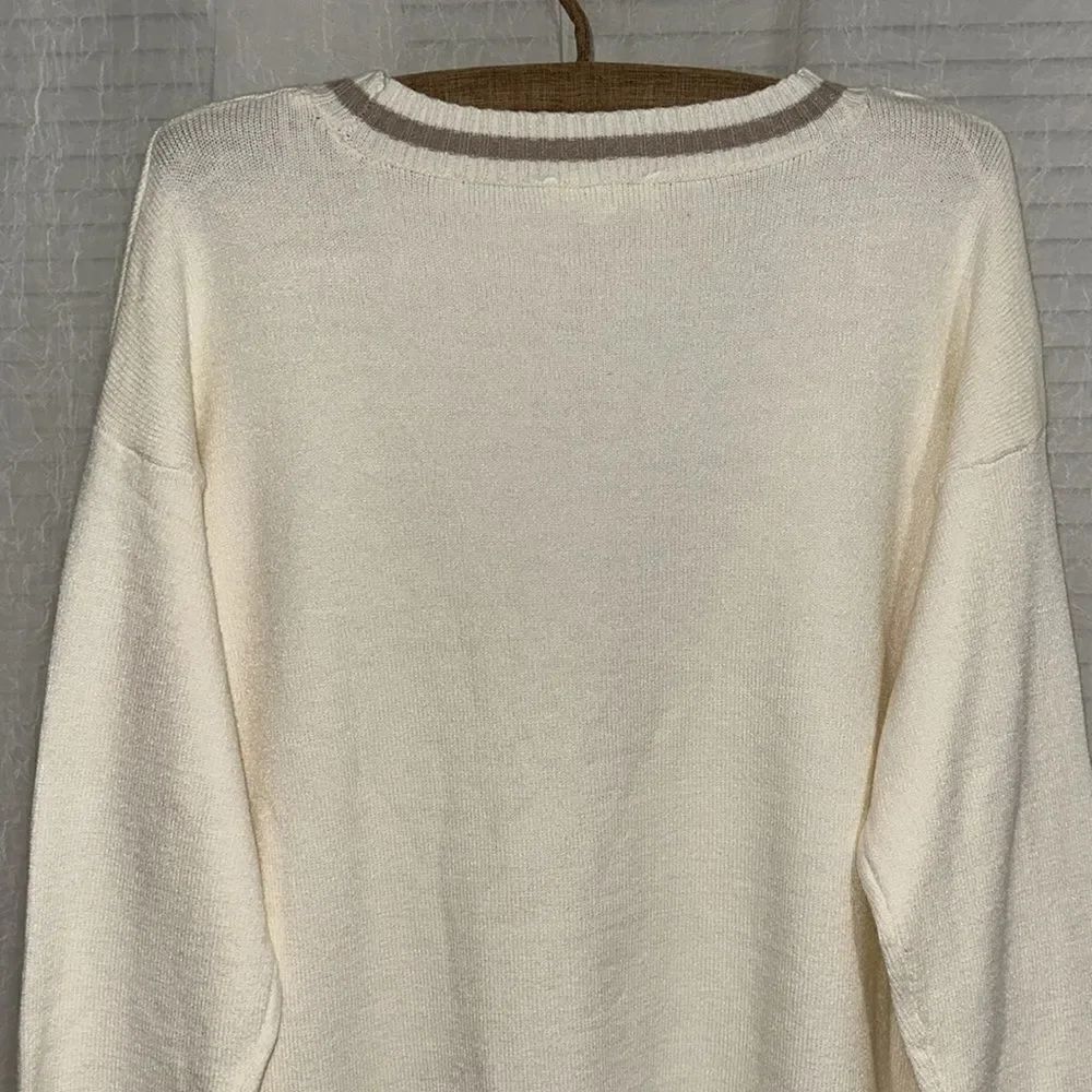 Pink Republic M Ivory Tan Stripe Trim Knit Button V-Neck Cardigan with Pockets - Picture 7 of 14